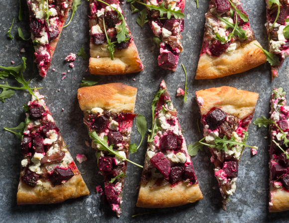 Featured image for “Red Onion and Beet Pizza with Herbed Ricotta and Goat Cheese”