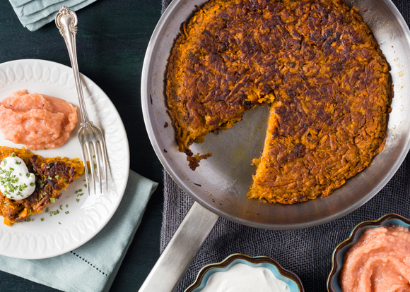 Featured image for “Sweet Potato Skillet Latke with Cranberry Apple Sauce and Cashew Sour Cream”