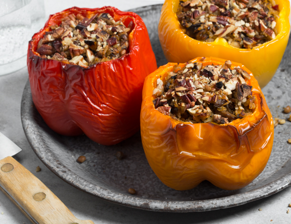 Featured image for “Mushroom, Brown Rice and Lentil Stuffed Peppers”