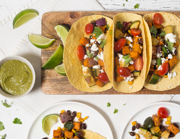 Featured image for “Roasted Vegetable and Black Bean Tacos with Jalapeño Cilantro Sauce”