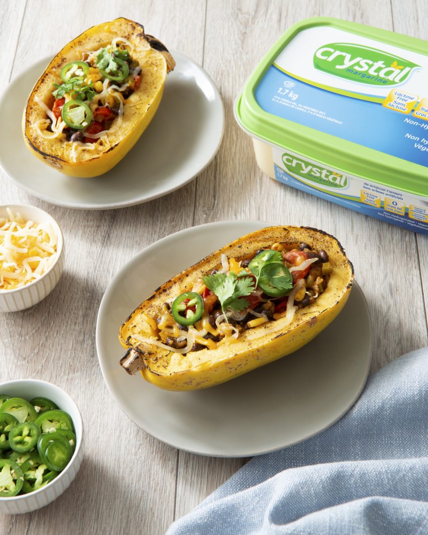 A delicious shot of stuffed taco spaghetti squash boats